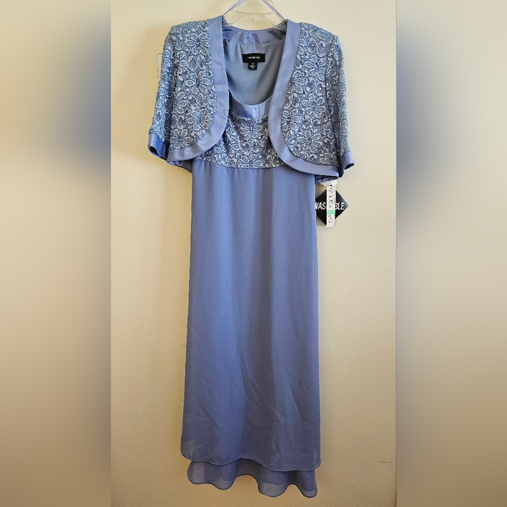 NWT R&M Evening Dress with Bolero Jacket; size 8; color Baby Blue